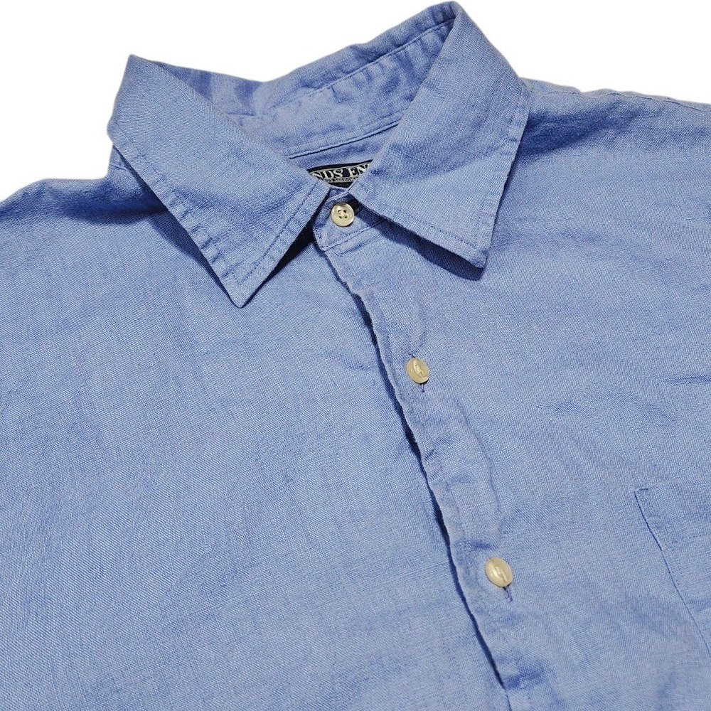 Lands End Button Up‎ Mens L Blue 100% Linen Short Sleeve Summer Shirt Pocket